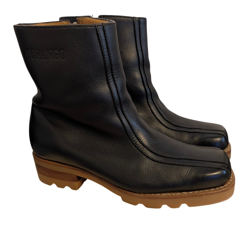 Vintage Y2K Durango Mens 8.5 D Black Leather Square Toe Side Zip Lug Sole Boots